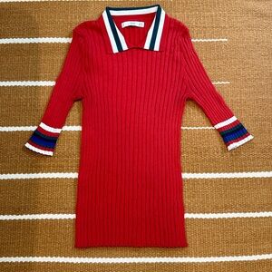 Mango Red Ribbed Knit Collared Top Short Sleeve Striped XS Small